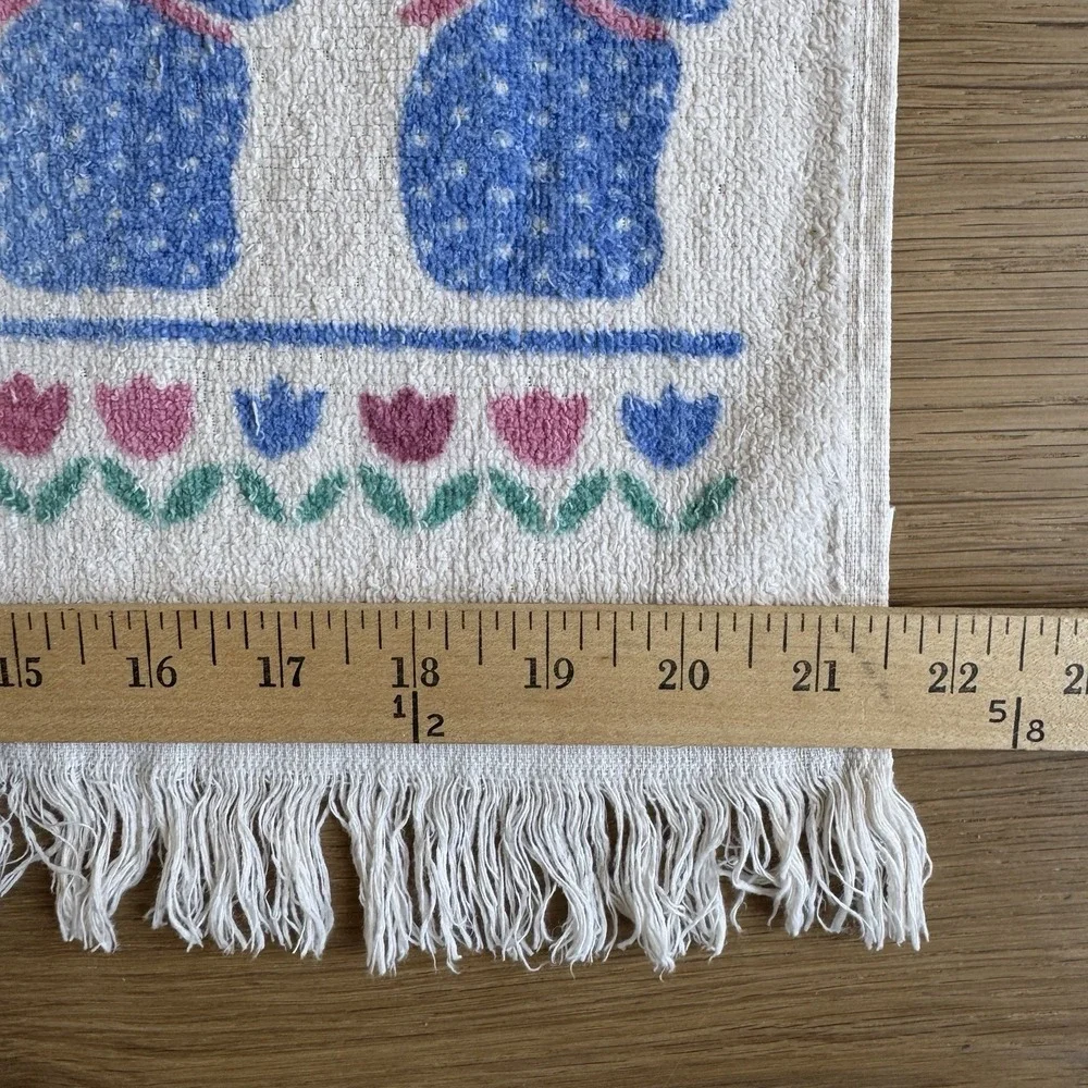 Vintage Cottage Cannon Bath Towel Blue Cat Pink Floral Fringe Retro USA 80s 90s